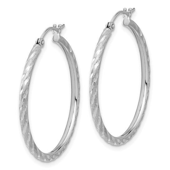 14k white gold polished satin diamond cut round hoop earrings 30mm x 2mm