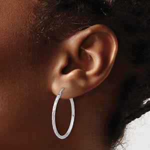 14k White Gold Polished Satin Diamond Cut Round Hoop Earrings 30mm x 2mm