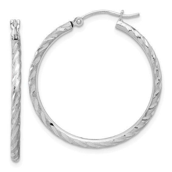 14k white gold polished satin diamond cut round hoop earrings 30mm x 2mm