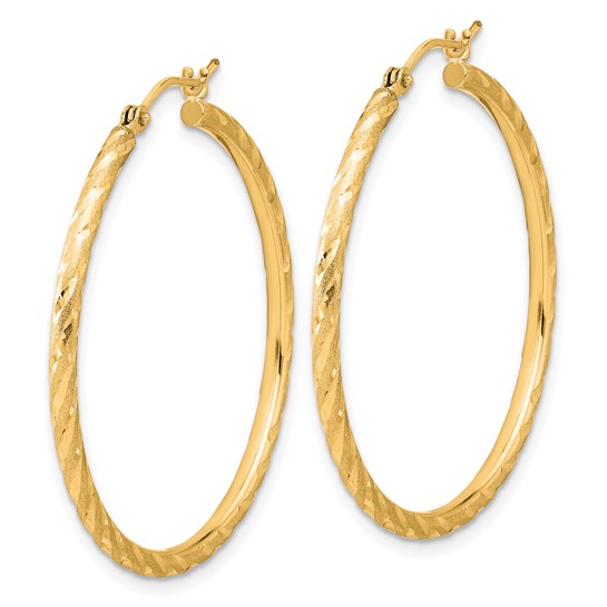 14k yellow gold polished satin diamond cut round hoop earrings 34mm x 2mm
