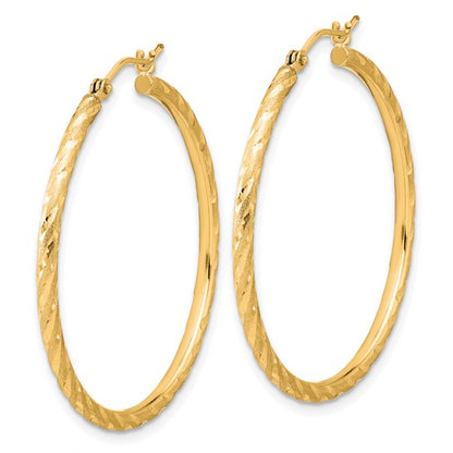 14k yellow gold polished satin diamond cut round hoop earrings 34mm x 2mm