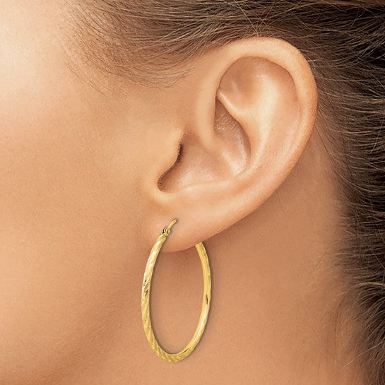 14k Yellow Gold Polished Satin Diamond Cut Round Hoop Earrings 34mm x 2mm