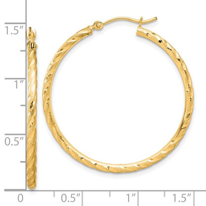 14k yellow gold polished satin diamond cut round hoop earrings 34mm x 2mm