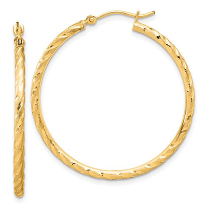 14k yellow gold polished satin diamond cut round hoop earrings 34mm x 2mm
