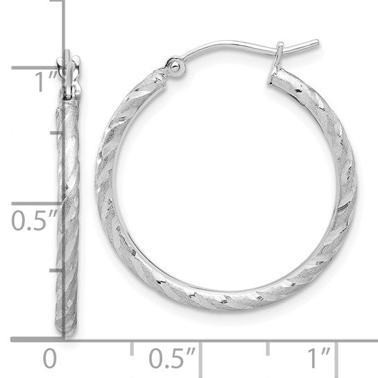14k white gold polished satin diamond cut round hoop earrings 24mm x 2mm