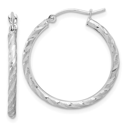 14k white gold polished satin diamond cut round hoop earrings 24mm x 2mm