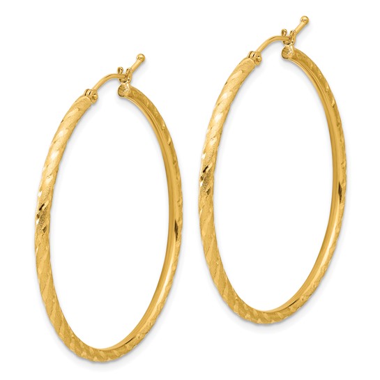 14k yellow gold polished satin diamond cut round hoop earrings 39mm x 2mm