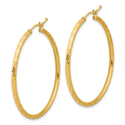 14k yellow gold polished satin diamond cut round hoop earrings 39mm x 2mm