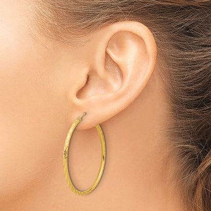 14k yellow gold polished satin diamond cut round hoop earrings 39mm x 2mm
