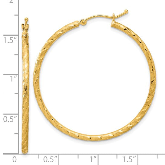 14k yellow gold polished satin diamond cut round hoop earrings 39mm x 2mm