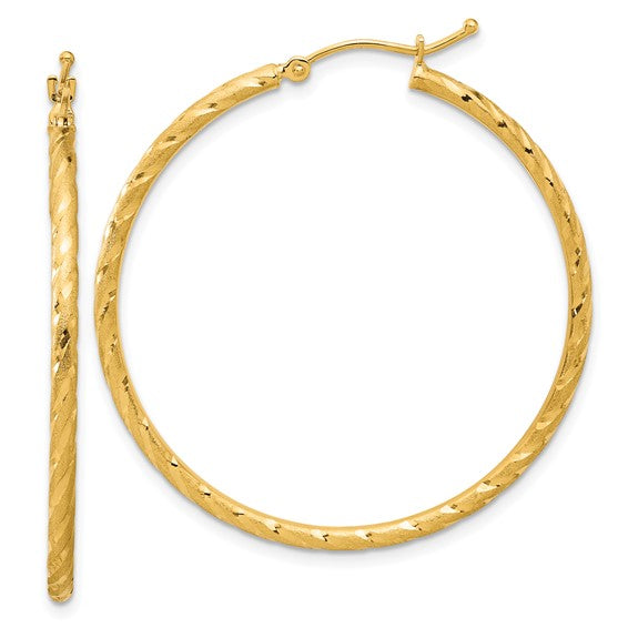 14k yellow gold polished satin diamond cut round hoop earrings 39mm x 2mm