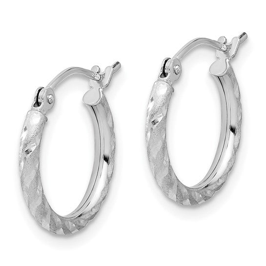 14k white gold polished satin diamond cut round hoop earrings 14mm x 2mm