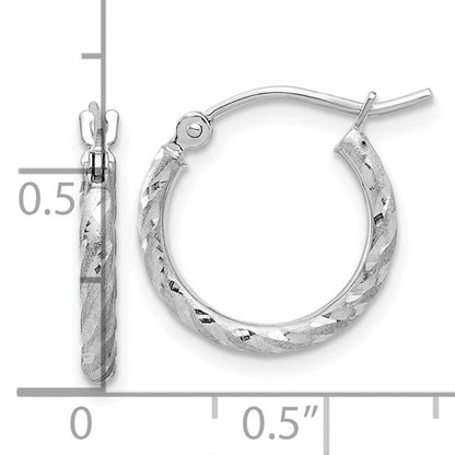 14k white gold polished satin diamond cut round hoop earrings 14mm x 2mm