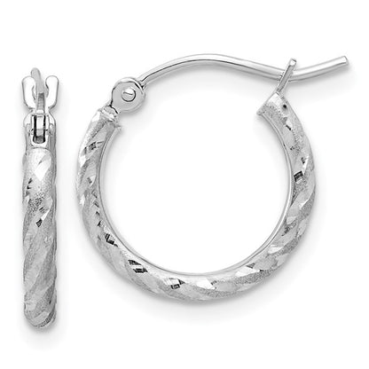 14k white gold polished satin diamond cut round hoop earrings 14mm x 2mm