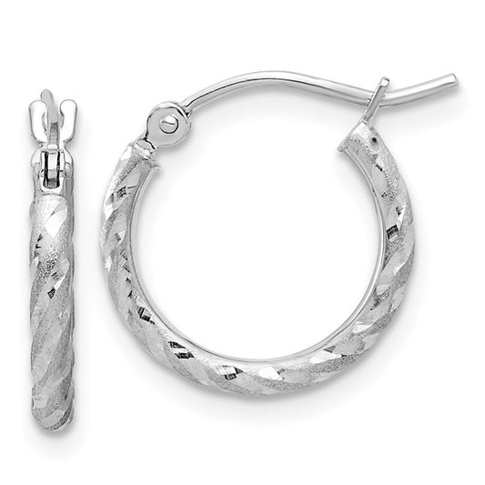 14k white gold polished satin diamond cut round hoop earrings 14mm x 2mm