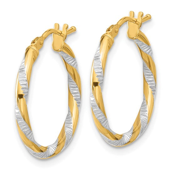 14k yellow gold and rhodium diamond cut round hoop earrings 20mm x 2mm