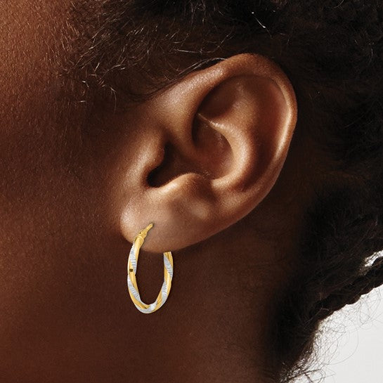 14k yellow gold and rhodium diamond cut round hoop earrings 20mm x 2mm