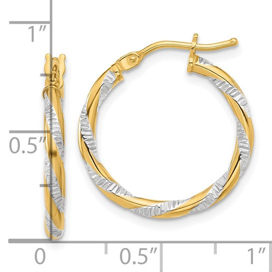 14k Yellow Gold and Rhodium Diamond Cut Round Hoop Earrings 20mm x 2mm