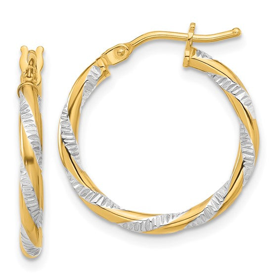 14k yellow gold and rhodium diamond cut round hoop earrings 20mm x 2mm