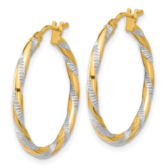 14k yellow gold and rhodium diamond cut round hoop earrings 25mm x 2mm
