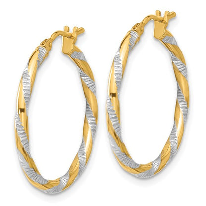14k yellow gold and rhodium diamond cut round hoop earrings 25mm x 2mm