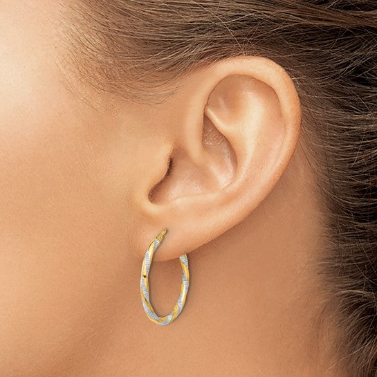 14k yellow gold and rhodium diamond cut round hoop earrings 25mm x 2mm
