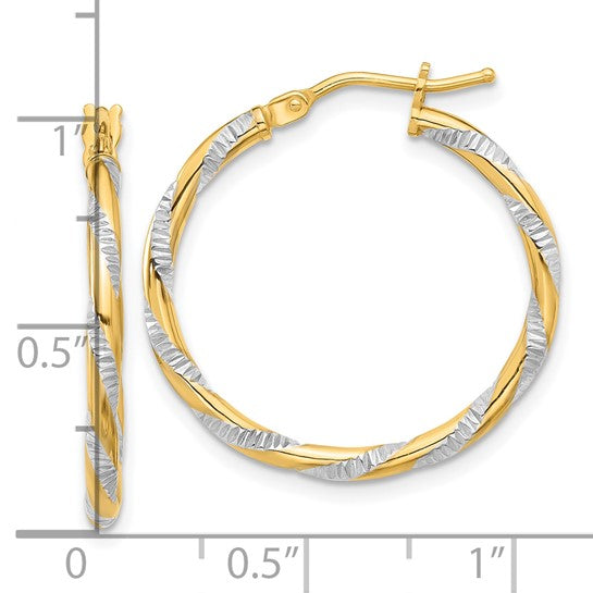 14k yellow gold and rhodium diamond cut round hoop earrings 25mm x 2mm