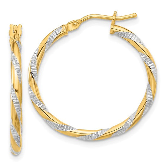 14k yellow gold and rhodium diamond cut round hoop earrings 25mm x 2mm