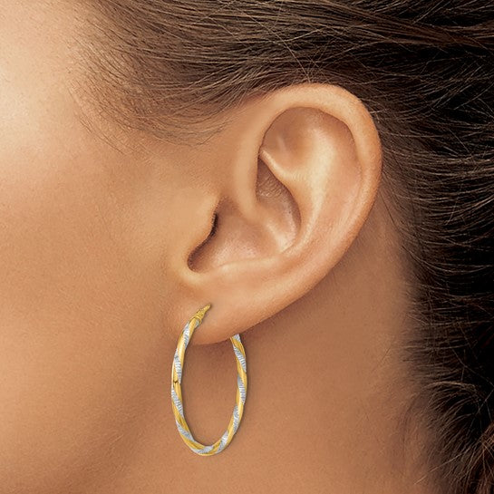 14k Yellow Gold and Rhodium Diamond Cut Round Hoop Earrings 30mm x 2mm