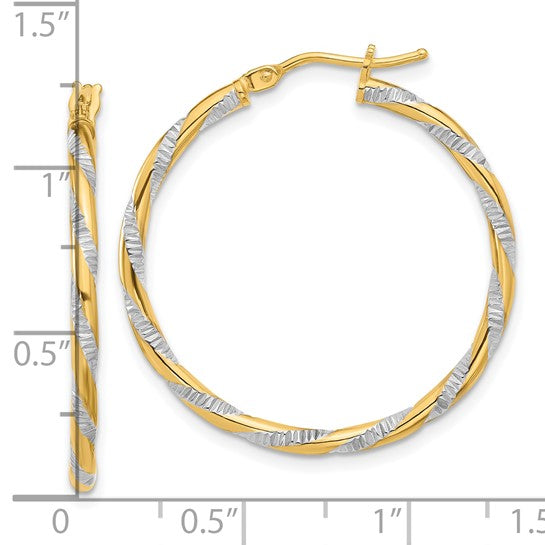 14k Yellow Gold and Rhodium Diamond Cut Round Hoop Earrings 30mm x 2mm