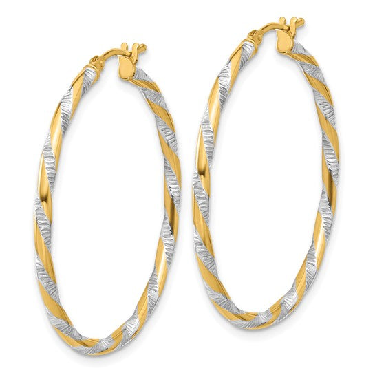 14k yellow gold and rhodium diamond cut round hoop earrings 35mm x 2mm