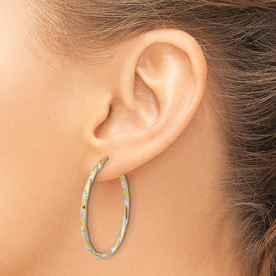 14k yellow gold and rhodium diamond cut round hoop earrings 35mm x 2mm