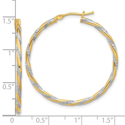 14k yellow gold and rhodium diamond cut round hoop earrings 35mm x 2mm
