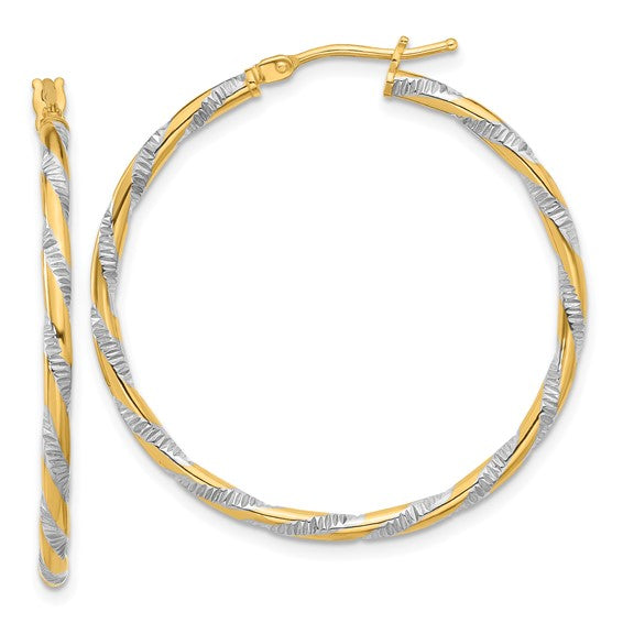 14k yellow gold and rhodium diamond cut round hoop earrings 35mm x 2mm