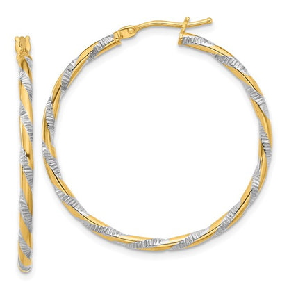 14k yellow gold and rhodium diamond cut round hoop earrings 35mm x 2mm