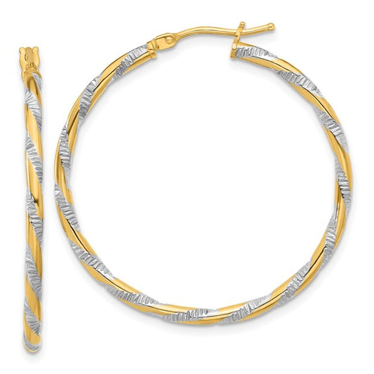 14k yellow gold and rhodium diamond cut round hoop earrings 35mm x 2mm