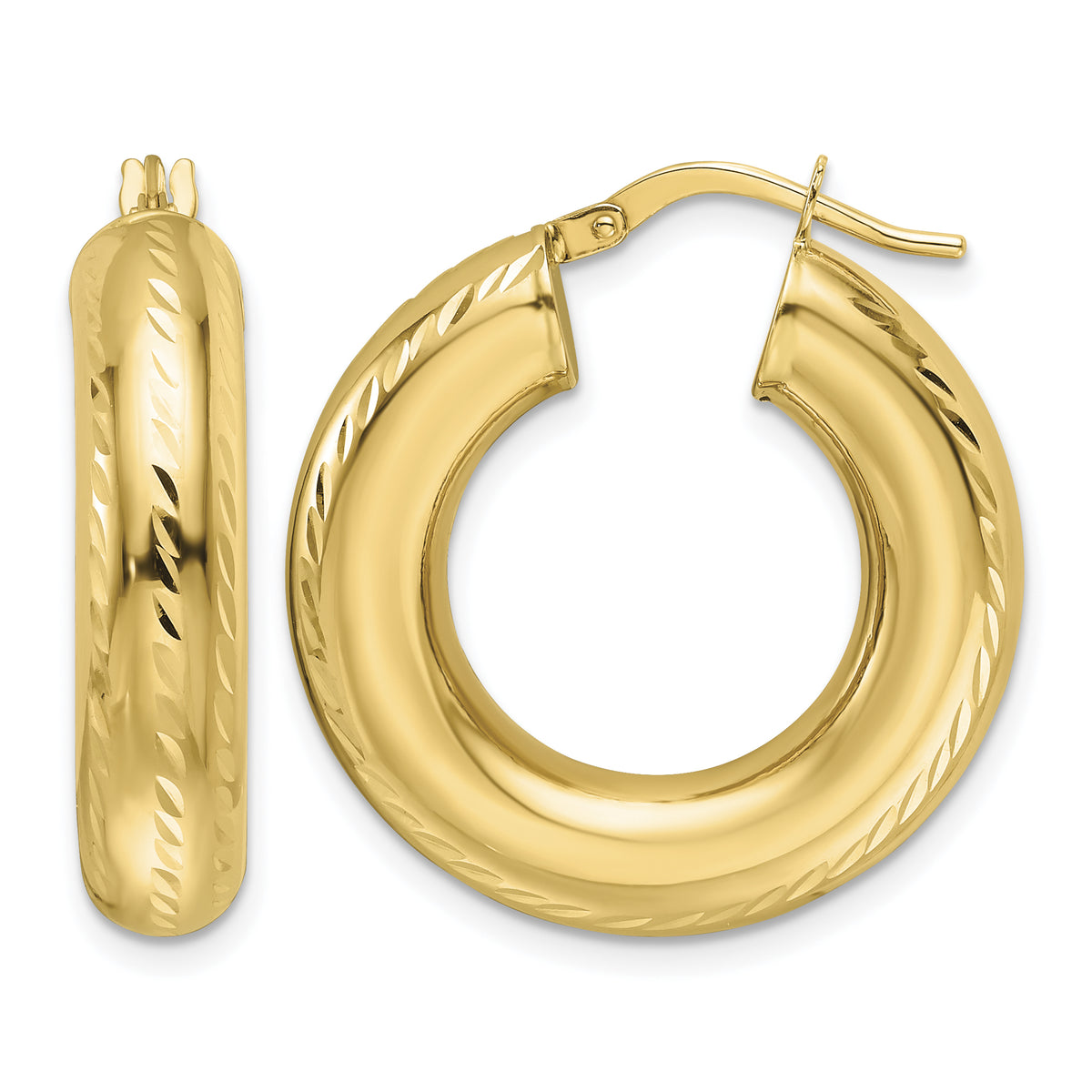 14K Yellow Gold 26mm x 6mm Diamond Cut Round Hoop Earrings