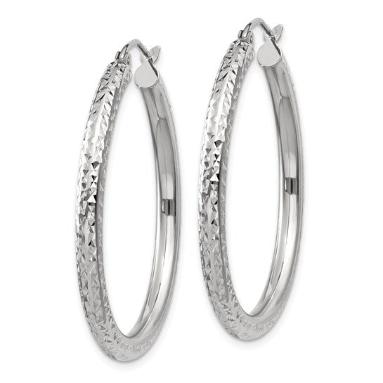 14k white gold diamond cut classic round diameter hoop textured earrings 35mm x 3mm