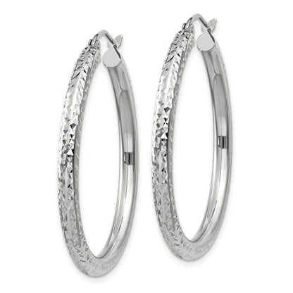 14k white gold diamond cut classic round diameter hoop textured earrings 35mm x 3mm