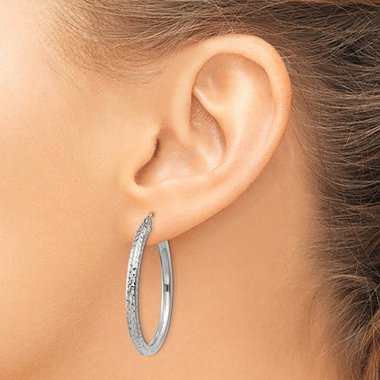 14k white gold diamond cut classic round diameter hoop textured earrings 35mm x 3mm