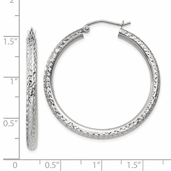 14k white gold diamond cut classic round diameter hoop textured earrings 35mm x 3mm