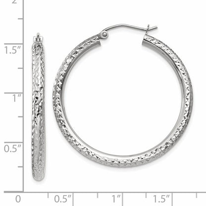 14k white gold diamond cut classic round diameter hoop textured earrings 35mm x 3mm
