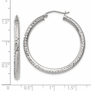 14K White Gold Diamond Cut Classic Round Diameter Hoop Textured Earrings 35mm x 3mm