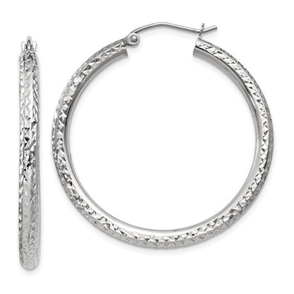 14k white gold diamond cut classic round diameter hoop textured earrings 35mm x 3mm
