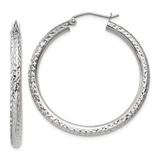 14k white gold diamond cut classic round diameter hoop textured earrings 35mm x 3mm