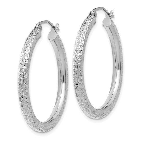 14k white gold diamond cut classic round diameter hoop textured earrings 30mm x 3mm