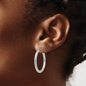 14K White Gold Diamond Cut Classic Round Diameter Hoop Textured Earrings 30mm x 3mm