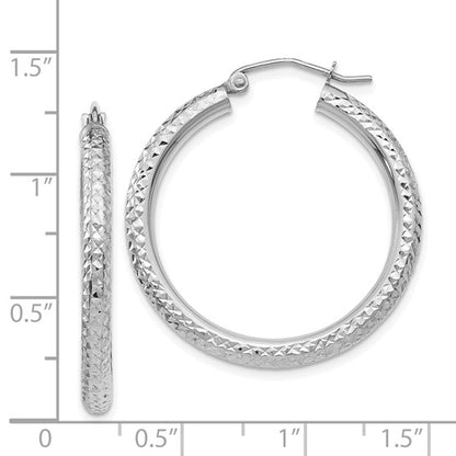 14k white gold diamond cut classic round diameter hoop textured earrings 30mm x 3mm