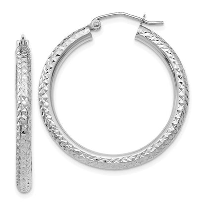 14k white gold diamond cut classic round diameter hoop textured earrings 30mm x 3mm