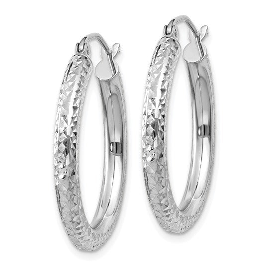 14k white gold diamond cut classic round diameter hoop textured earrings 25mm x 3mm